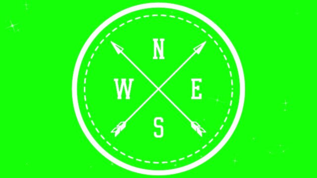 A white compass rose on a green background with arrows pointing north, south, east, and west in a circular design