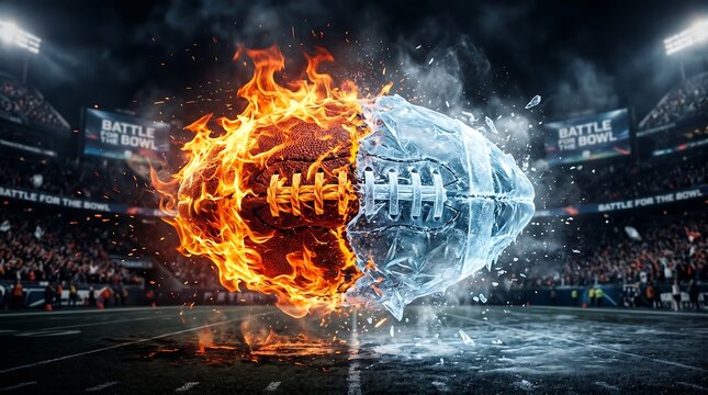 Dynamic image of a football split between fiery flames and icy frost, suspended over a dark stadium field during a dramatic night game.