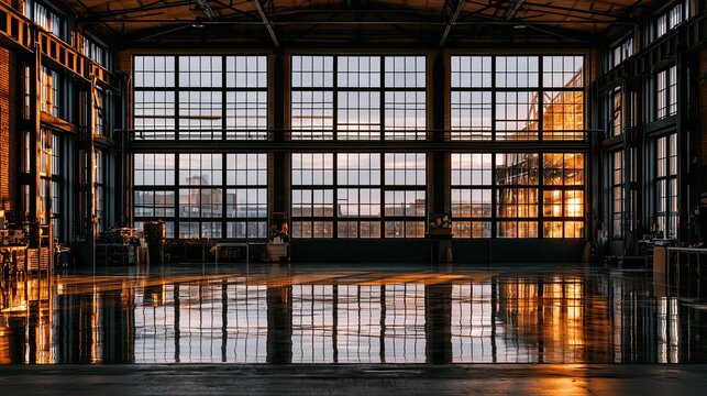 Sunset light beams through grid windows in an abandoned industrial warehouse, for industrial, vintage and dramatic scene design