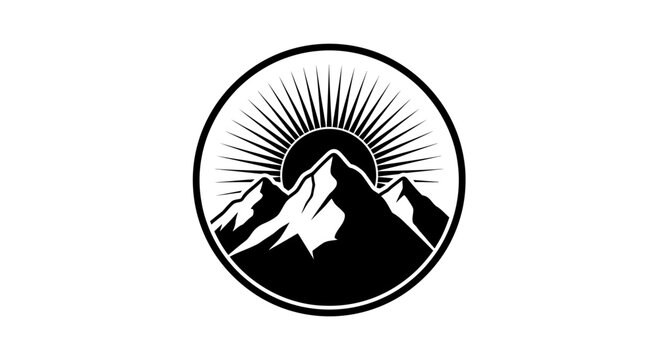 Black and white circular logo with stylized mountains and rising sun graphic