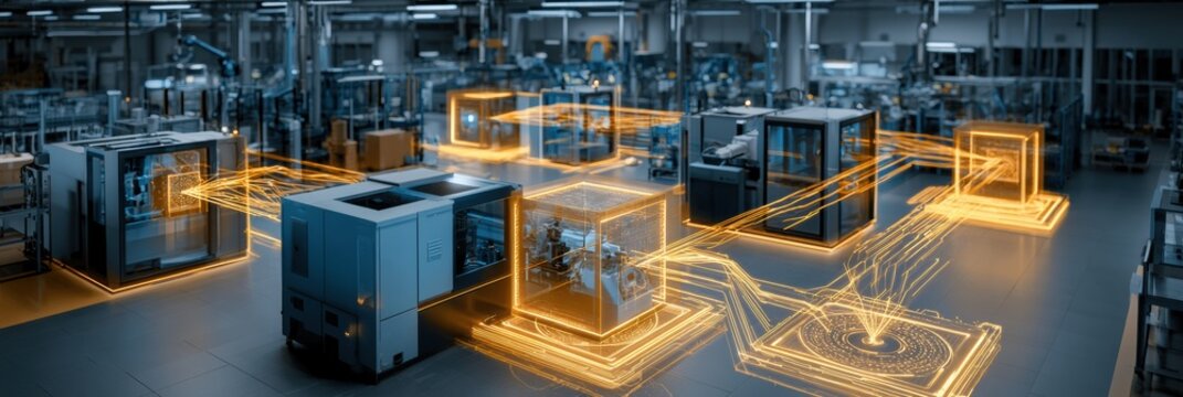 A digital factory has AI agents optimizing production, with glowing threads connecting machines in a dark industrial environment.