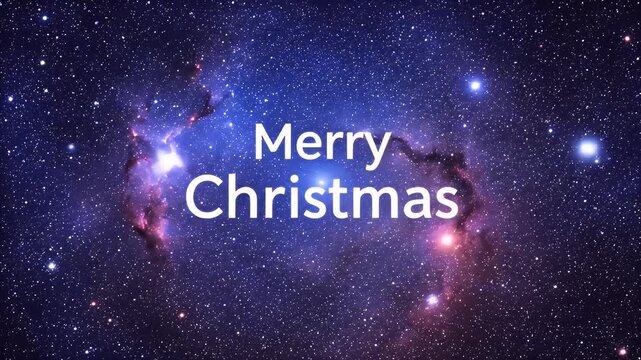 Merry christmas text on a starry galaxy background with glowing nebulae and bright stars