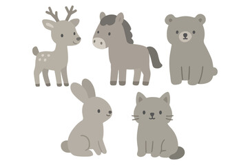 Naklejka premium Animal Illustrations Deer Horse Bear Rabbit And Cat In Neutral Tones