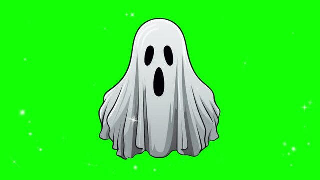 A cartoon ghost wearing a white sheet with holes cut out for eyes and mouth on a green screen background for halloween