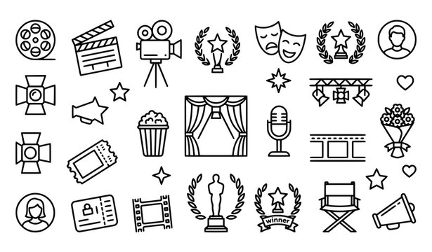 Creative cinema outline vector icon set with theatre and film award symbols