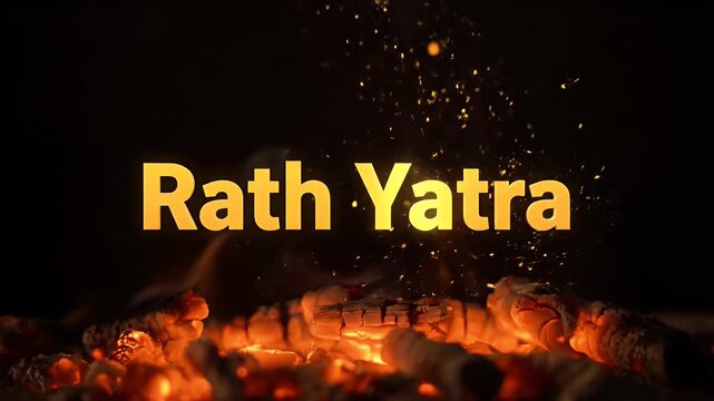 Rath Yatra text over burning embers with glowing sparks and smoke on a dark background