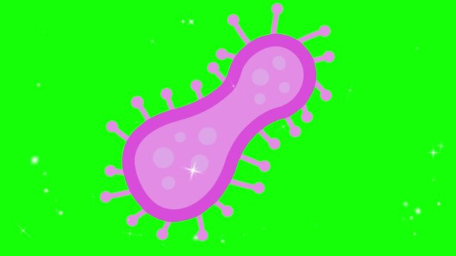 A pink cartoon virus cell with spikes on a green background with sparkles