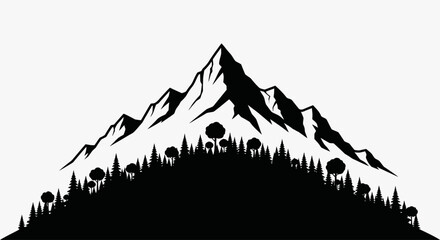 Minimalist Black and White Mountain Peak with Forest Silhouette © kiki__