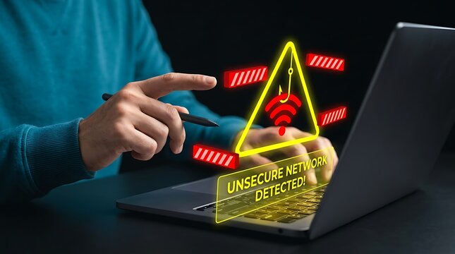 Cybersecurity phishing threat alert concept featuring glowing unsecure network warning sign over business person working on laptop