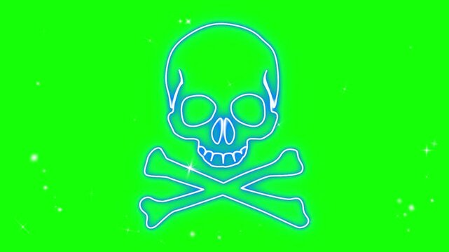 Neon blue skull and crossbones on green background with sparkles