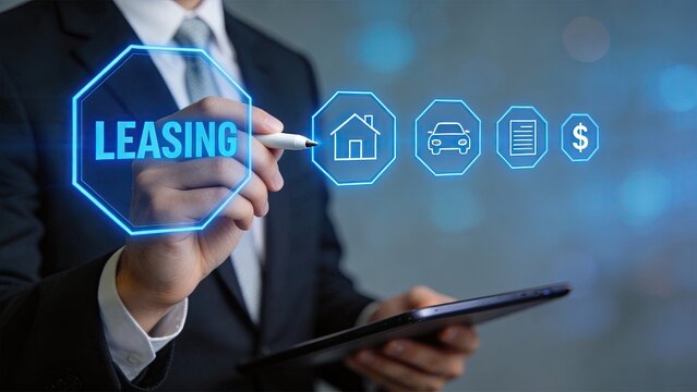 Hand touching leasing hologram interface button, real estate and car rental concept, financial services, loan agreement, property investment, future technology screen, business