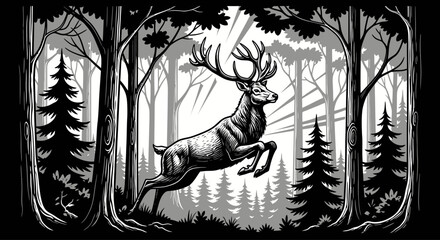 Black and White Woodcut Style Illustration of a Jumping Stag in a Forest © kiki__