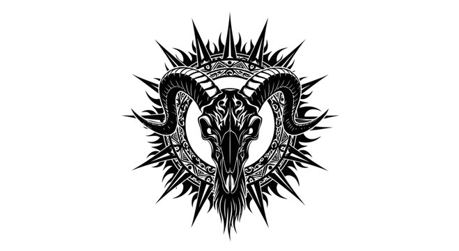 Black and White Goat Skull Graphic Illustration with Spiky Sunburst