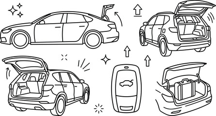 Car trunk and electric tailgate open line icon set with suv hatchback keyless remote suitcase vectors © PJ DeSign