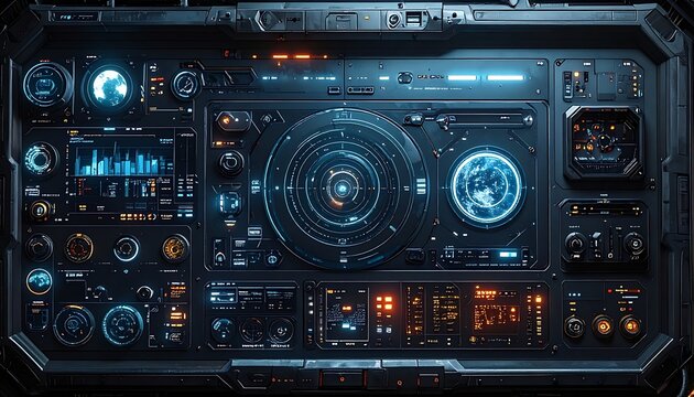 A futuristic control panel with various buttons and screens