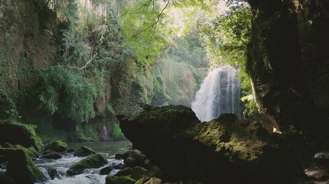 木漏れ日と光芒が降り注ぐ新緑の黄牛の滝 大分