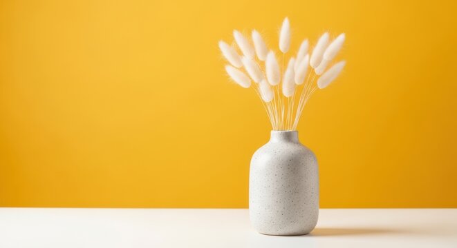 Decorative white speckled ceramic vase with fluffy dried flowers against a vibrant yellow background