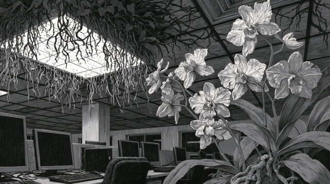Orchid roots invade a corporate office ceiling in a surreal black-and-white illustration