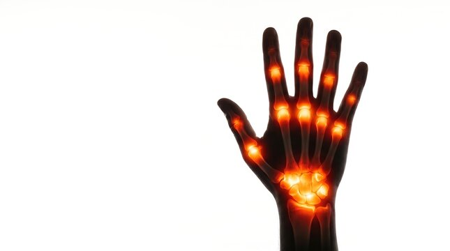 Anatomical illustration of a human hand silhouette with glowing orange light highlighting joint pain and inflammation on a white background.