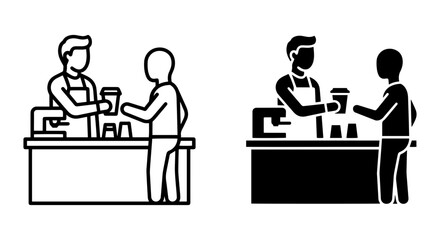 Fototapeta premium Barista Serving Coffee to Customer, Cafe Service Icon Set, Simple Line Art and Silhouette