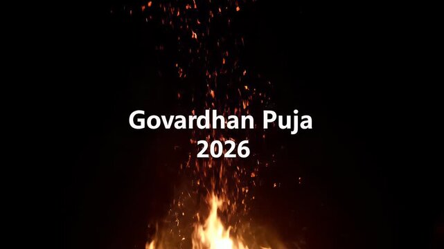 Govardhan Puja 2026 celebration text with burning fire and glowing sparks at night time.