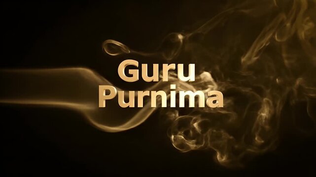 Guru Purnima text with elegant golden smoke wisps flowing on a dark black background.