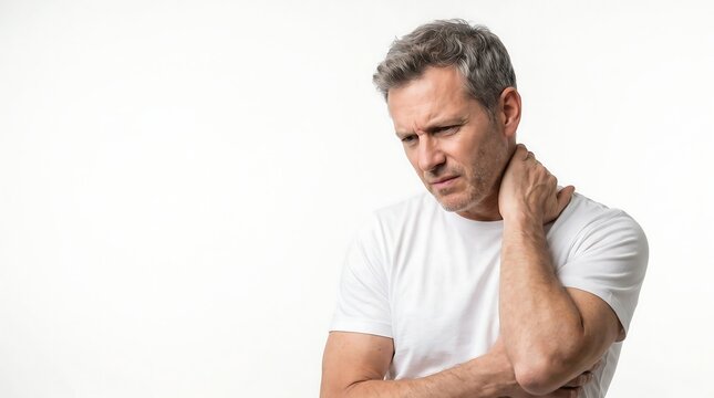 Mature middle-aged man suffering from neck pain and muscle tension while holding his neck on a white background.
