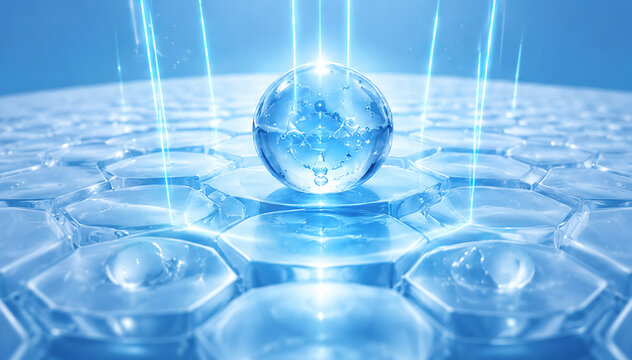 Futuristic 3D render of a transparent blue hydration sphere containing molecular structures above a glossy hexagonal surface. Concept of hyaluronic acid, skincare technology, deep hydration, biotechno