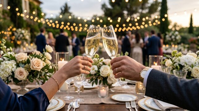Wedding Celebration Toast: A couple raises glasses of champagne in a toast, surrounded by elegantly set tables and ambient string lights, at a picturesque outdoor wedding reception during golden hour.