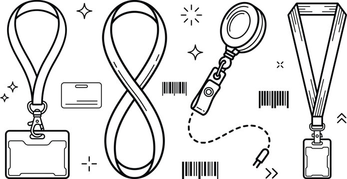 Lanyard and identification card badge holder line icon set with retractable reels and barcode symbols