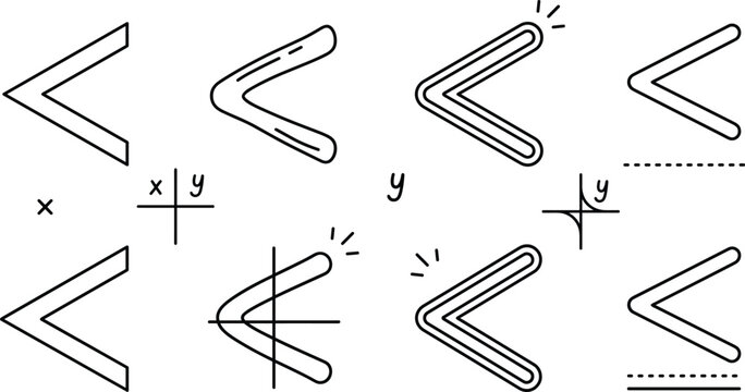 Less than mathematical inequality comparison symbol line icon set with variables and coordinate axis vectors