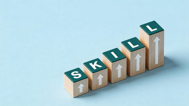 Wooden blocks spelling skill word arranged as stairs with upward arrows, education training development concept, career growth path, learning process improvement, personal ability