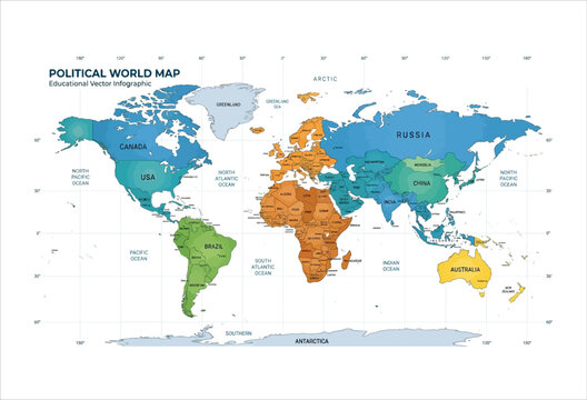 Political world map vector infographic with country borders and ocean names