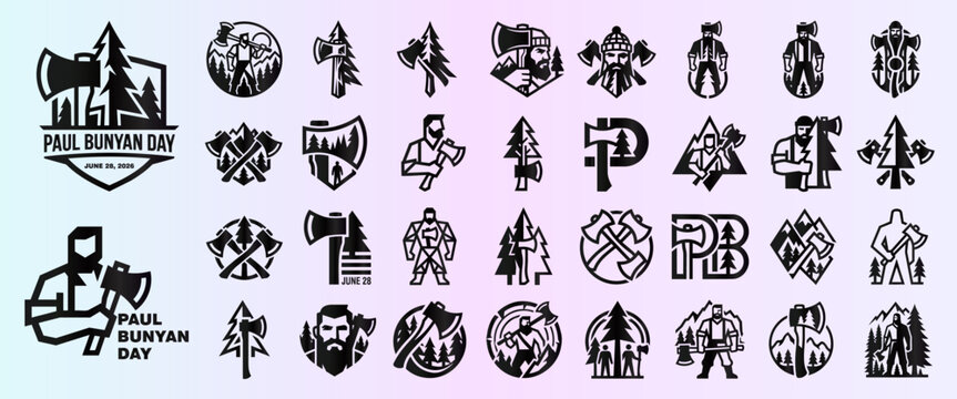 Paul Bunyan Day Lumberjack Logo Set with Axe and Pine Tree Icons