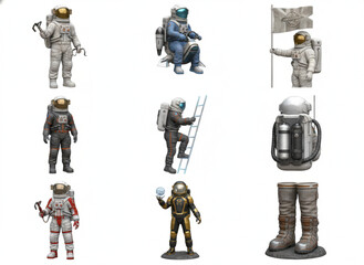 Naklejka premium Diverse collection of astronaut character illustrations featuring various space suits, equipment, and gear for science exploration