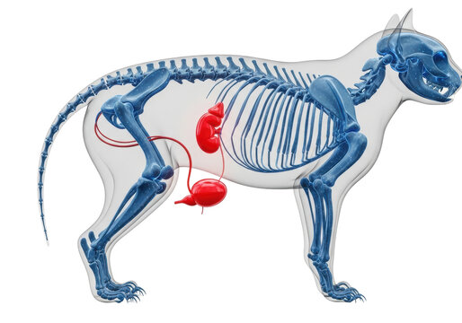 Hyper-detailed 3d technical rendering of a domestic feline's skeletal structure (blue x-ray) and urinary system (glossy red organs) on a transparent background for veterinary anatomical study