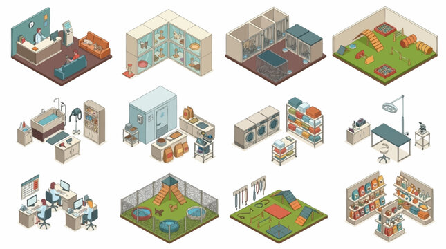 Isometric illustrations of veterinary clinic and pet grooming salon interior design elements.