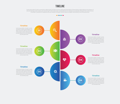 Timeline vertical base shape infographics gradient template diagram with big half circle slice stacked with opposite position with 6 point step creative