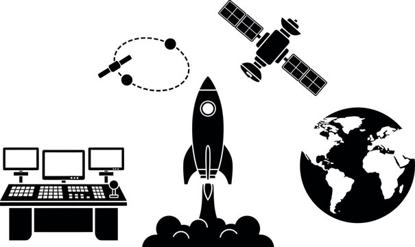 Vector illustration depicting a rocket launch, satellite, Earth, and communication technology in a minimalist line art style.