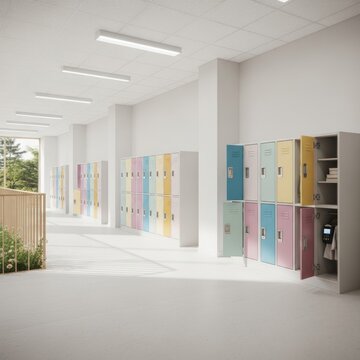 Modern school corridor interior featuring rows of pastel colored metal lockers in pink, blue, and yellow. Bright hallway with white walls, drop ceiling lights, and natural daylight.