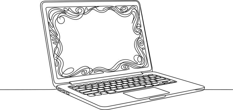 Black and white line art drawing of a laptop with a decorative floral frame on the screen.