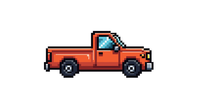 Pixel Art Orange Pickup Truck.