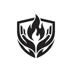 Fototapeta premium Black shield icon featuring hands cupping a stylized flame.