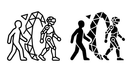 Obraz premium Human and Robot Entering Futuristic Portal, Technology Transition, Digital Transformation SVG Icons