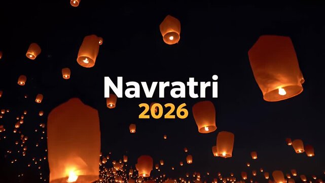 Navratri 2026 celebration with glowing sky lanterns flying in the dark night sky background
