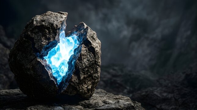 Glowing blue crystal inside a cracked dark stone rock in a cavern