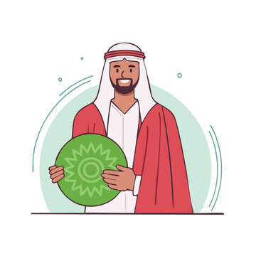Man in Traditional Arab Clothing Holding a Green Decorative Disc
