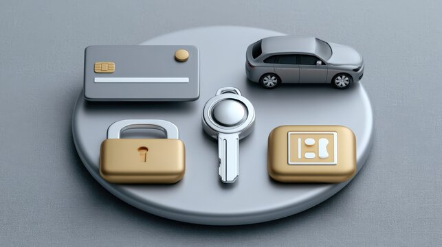 A 3D illustration of a car key, credit card, padlock, car, and a keycard on a round platform symbolizing security and access.