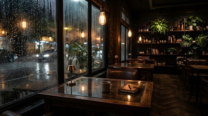 Fototapeta premium Cozy Cafe Interior with Rainy Window and Warm Evening Lighting