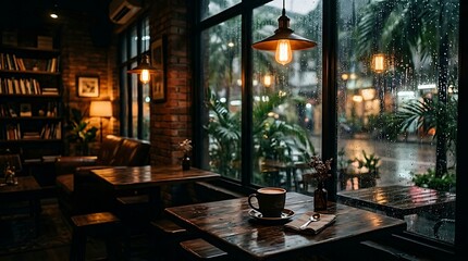 Fototapeta premium Cozy Cafe Interior with Rainy Window and Warm Evening Lighting
